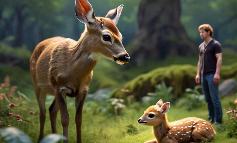 Pomi Hear a Baby Deer Sounds During Walking in a Grassy Floor in the Jungle