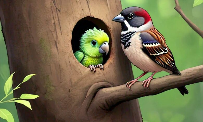 A Little Tale Of Kindness: Tasky the Sparrow Bird Fed Her Baby Kiko and Parrot Baby Ninja